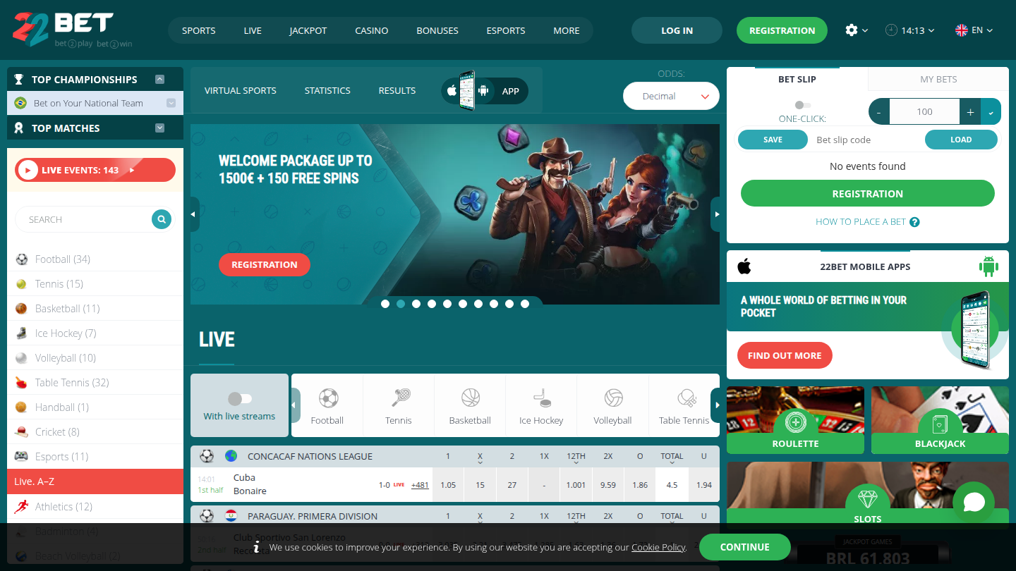 22 Bet Casino homepage — desktop